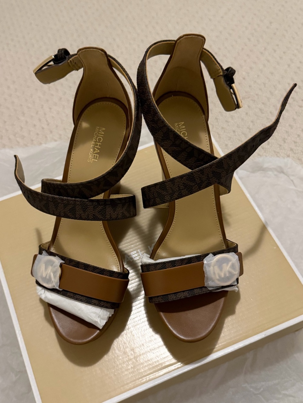 Michael Kors Brown Logo Leather Strappy Heels with Gold Accent